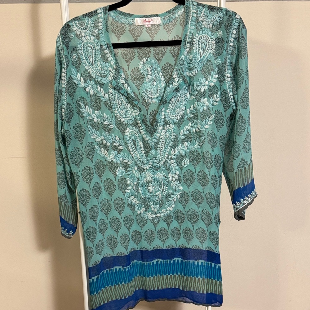 Amaya embroidered green silk tunic top - Size 42 (M)